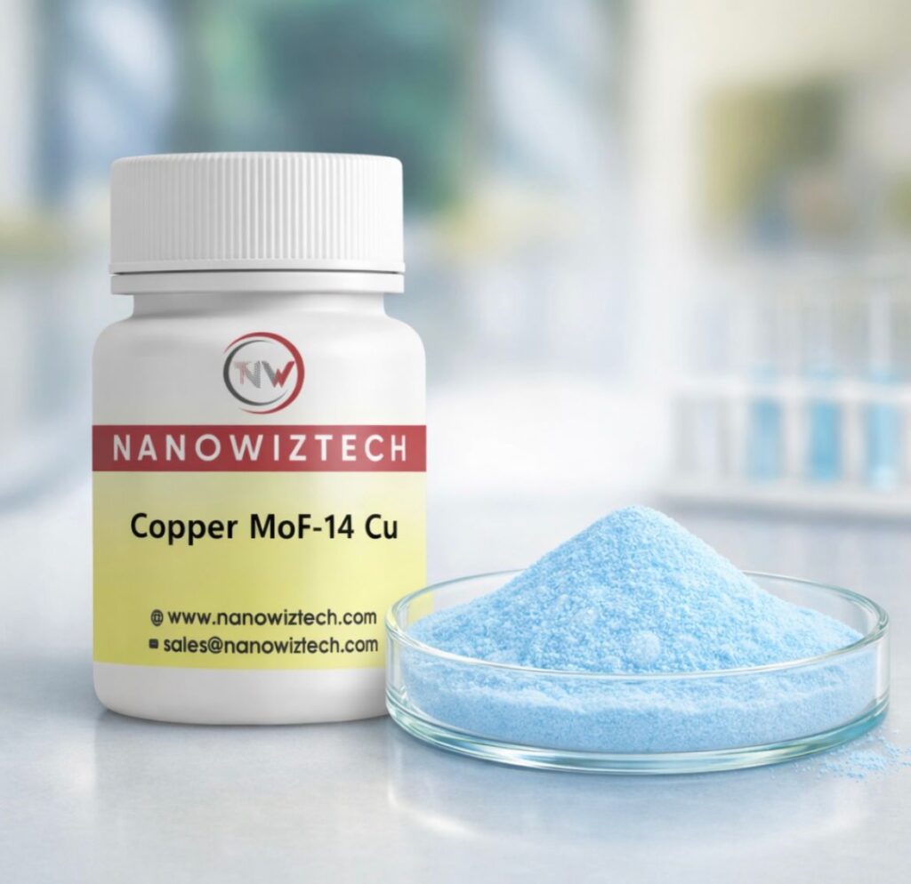 NanowizTech Copper MOF CU-14 metal-organic framework powder, high-purity copper-based MOF material (Cu), advanced porous structure used in adsorption, catalysis, and gas storage applications, CAS No. 7440-50-8