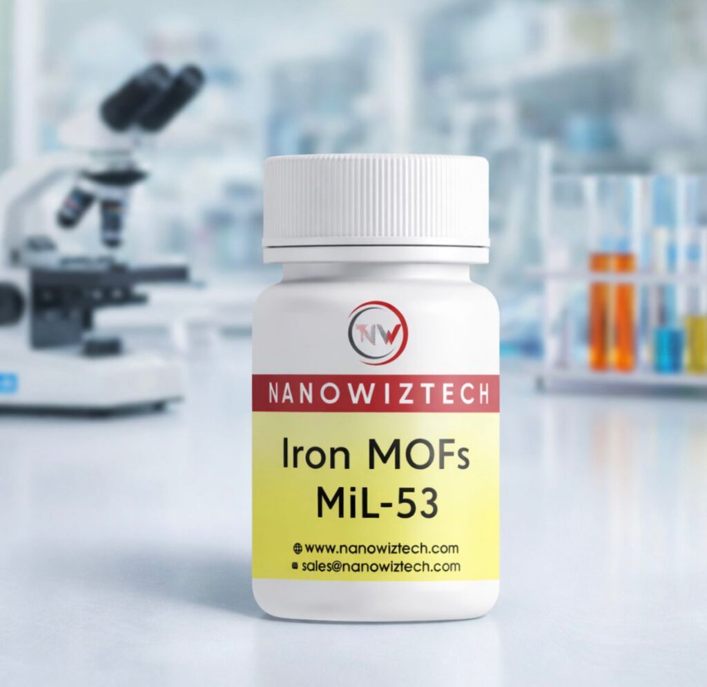 NanowizTech Ferrous (Iron-Fe) Metal Organic Framework MIL-53 (Fe-MOF) with chemical formula C18H6Fe3O12, CAS 7439-89-6, high-purity porous material for gas adsorption, catalysis, energy storage, environmental remediation, and research applications.