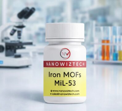 NanowizTech Ferrous (Iron-Fe) Metal Organic Framework MIL-53 (Fe-MOF) with chemical formula C18H6Fe3O12, CAS 7439-89-6, high-purity porous material for gas adsorption, catalysis, energy storage, environmental remediation, and research applications.