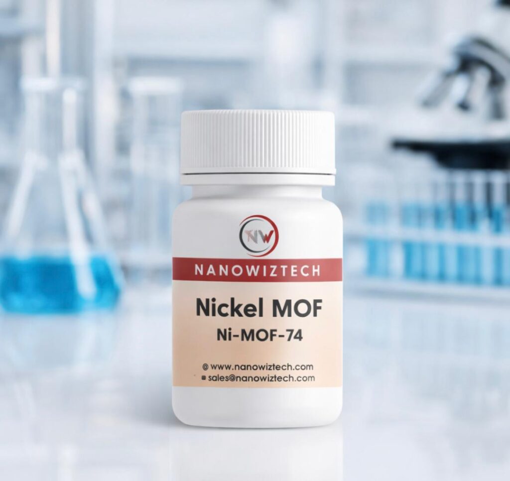 NanowizTech Nickel MOF-74 (Ni-MOF-74) powder, high-purity metal-organic framework material, nickel-based porous compound for research and industrial applications, manufacturer and supplier grade sample.