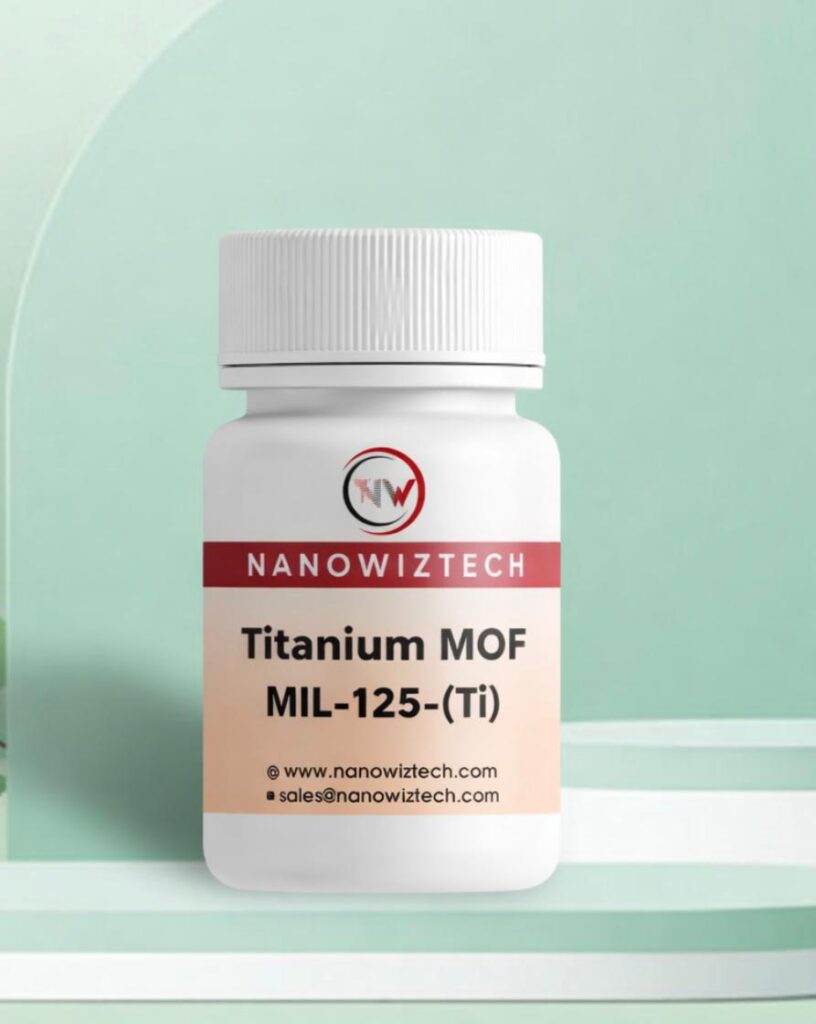 NanowizTech Titanium MOF MIL-125-Ti metal organic framework powder with molecular structure Ti8O8(OH)4(C6H3C2O4NH2)6, high-purity porous coordination material for adsorption, catalysis, and advanced research applications.