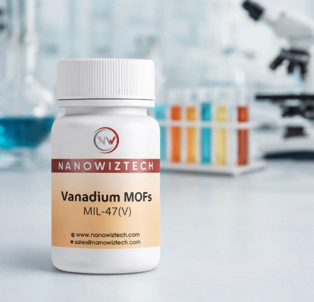 NanowizTech Vanadium MOF Powder V-MIL-47 Metal Organic Framework high-purity vanadium-based MOF material CAS 7440-62-2 for advanced research applications and industrial use.