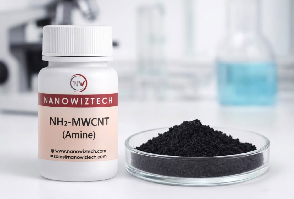 NanowizTech MWCNT-NH₂ Amine Functionalized Multiwall Carbon Nanotubes CAS 308068-56-6 manufacturer and supplier for nanotechnology, conductive composites, polymer reinforcement, and research applications.