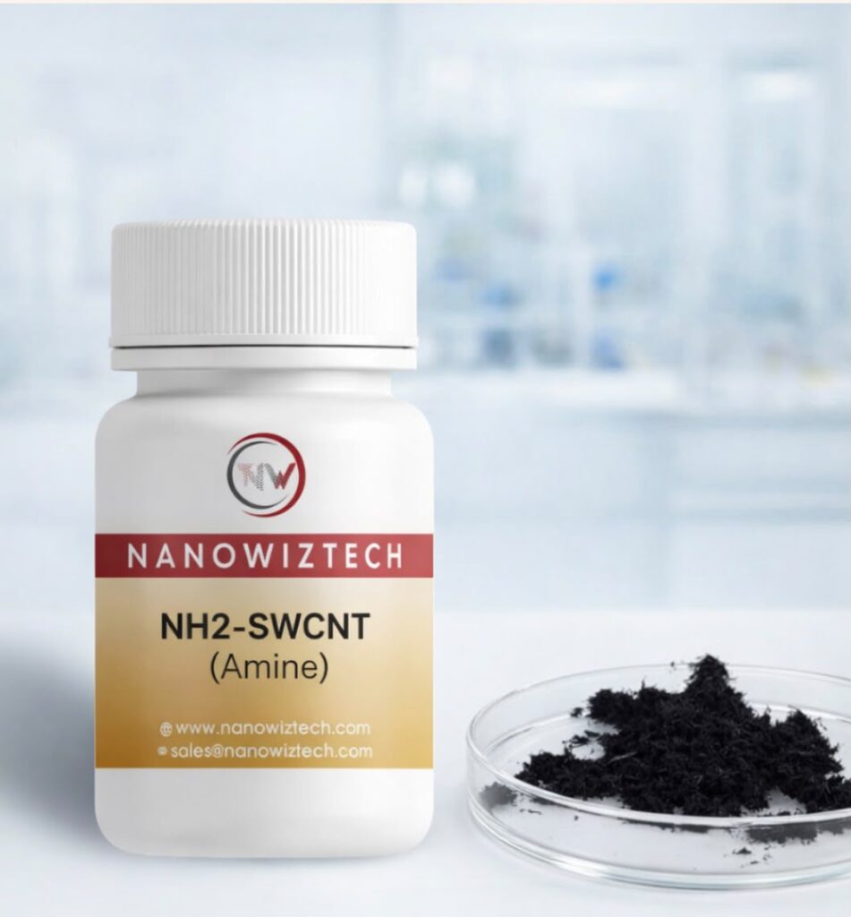 NanowizTech NH2-SWCNT amine single wall carbon nanotubes powder with chemical formula and CAS No. 308068-56-6 supplied by manufacturer.