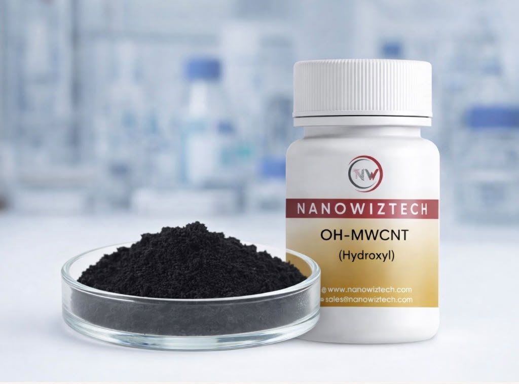 NanowizTech MWCNT-OH Hydroxyl Multiwall Carbon Nanotubes CAS 308068-56-6 high purity manufacturer and supplier for nanotechnology research, conductive polymers, composites, batteries, coatings, and advanced materials.