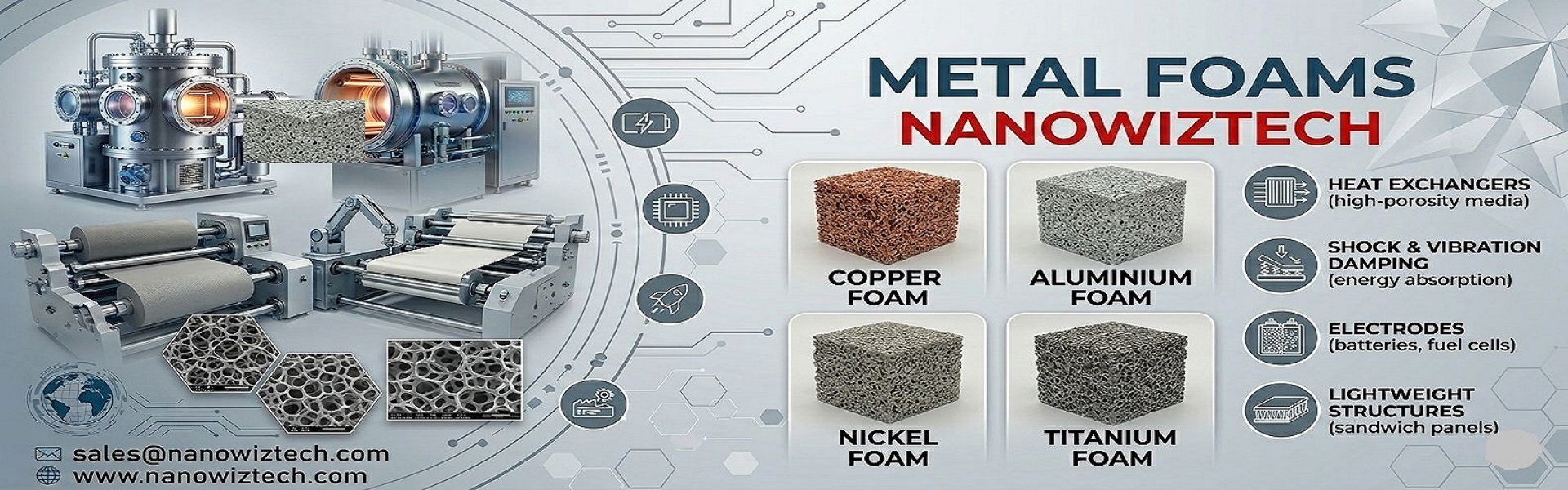 Advanced porous metal foams by NanowizTech including aluminium, copper, titanium, and nickel foams for aerospace, EV batteries, filtration, and thermal management applications