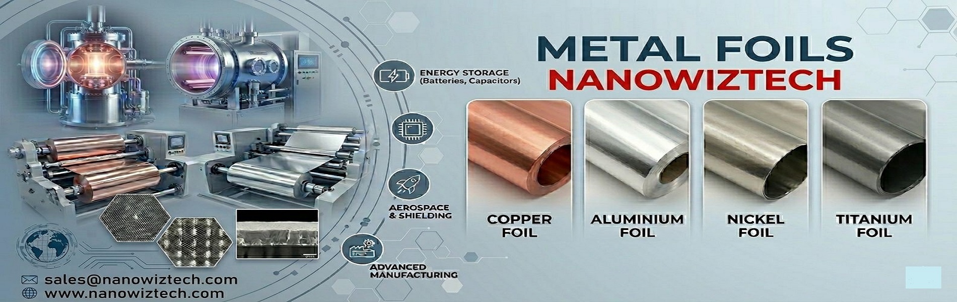Advanced metal foils by NanowizTech including aluminium, copper, titanium, and nickel foils for electronics, batteries, aerospace, and industrial applications