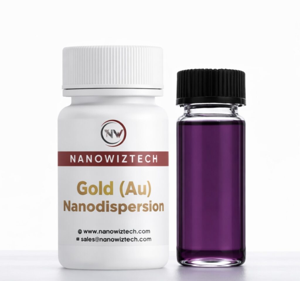NanowizTech high purity gold nanodispersion Au CAS 7440-57-5 for biomedical, electronics, catalyst, biosensor, and nanotechnology applications with global shipping.