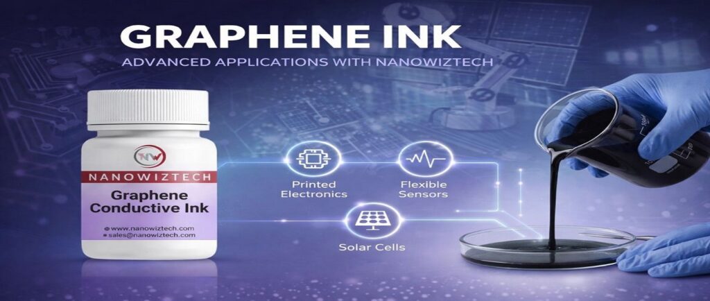 NanowizTech graphene-based conductive ink applied on flexible electronics, ideal for high-performance circuits and wearable technology.