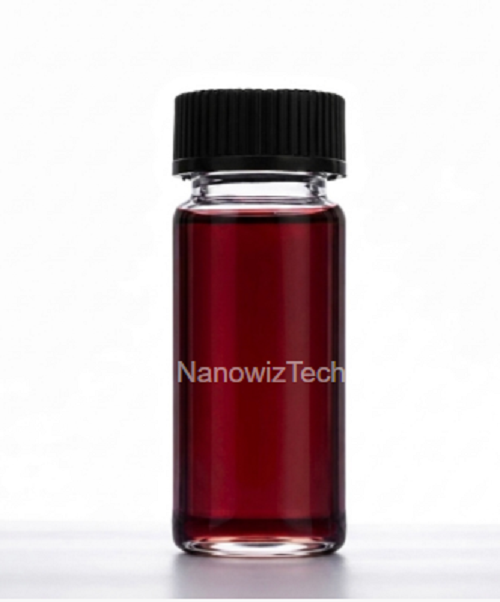 NanowizTech water based colloidal gold nanodispersion (20-50nm) showing high purity gold nanoparticles (Au, CAS 7440-57-5) with uniform stability and industrial applications.