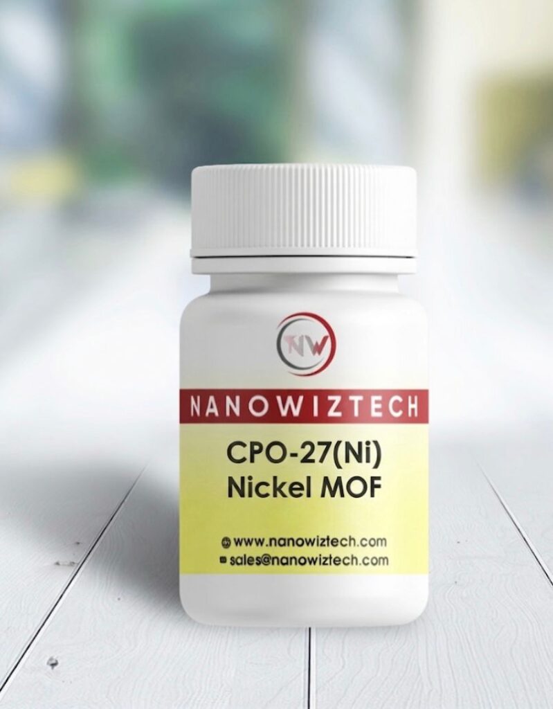 NanowizTech Nickel Based NI CPO-27 MOF Metal Organic Framework Powder CAS 7440-02-0 Formula C18H6Ni3O12 Manufacturer and Supplier.