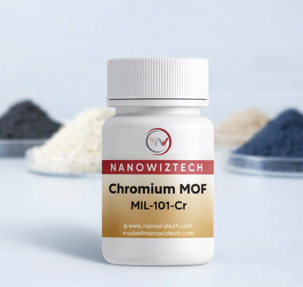 NanowizTech Chromium MOF MIL-101-Cr powder manufacturer and supplier with chemical formula [Cr3O X(BDC)3(H2O)2] CAS 869288-09-5 for advanced research applications.
