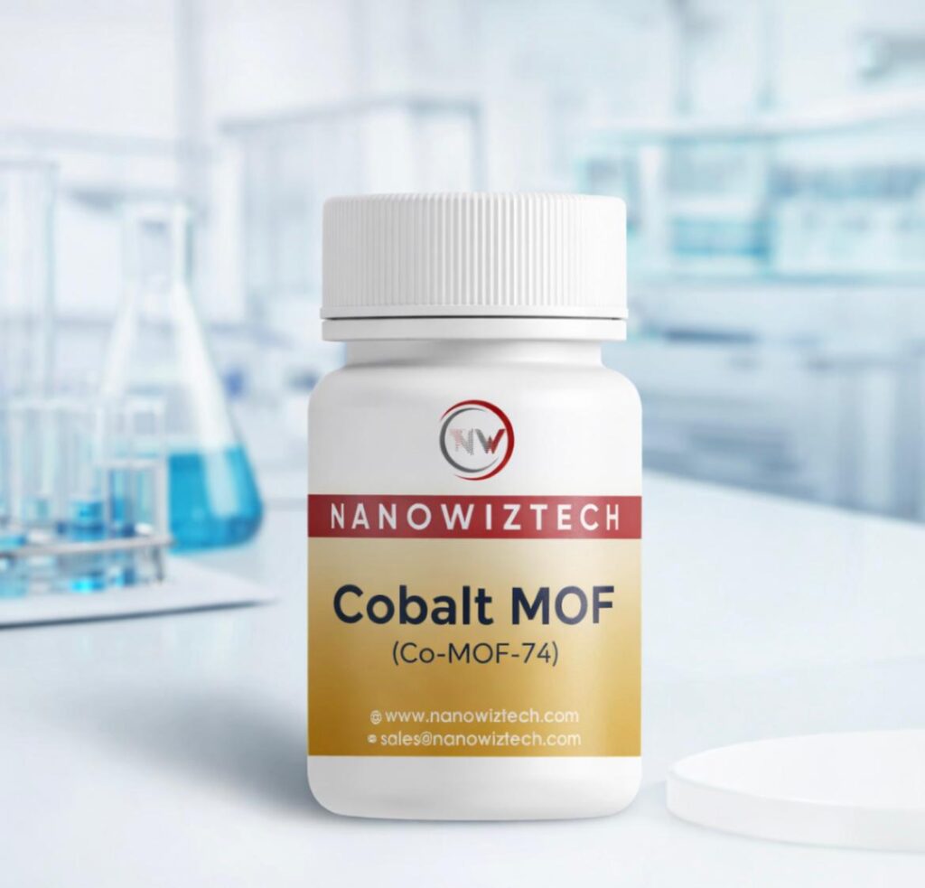 NanowizTech cobalt metal–organic framework MOF-74-Co powder sample, Co(HCOO)₂·2H₂O structure, high-purity industrial nanomaterial with CAS No. 871658-67-2 used in adsorption and catalytic applications