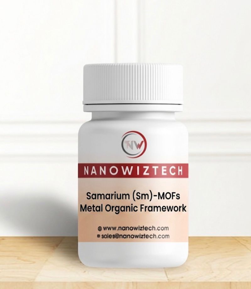 NanowizTech Samarium Metal Organic Framework MOF-Sm Powder manufacturer and supplier, Sm(BTC)(H₂O)x formula, CAS No. 7440-19-9.