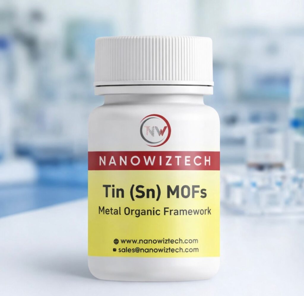 NanowizTech Tin Metal Organic Framework Sn-MOF powder with chemical formula Sn₆O₄(OH)₄(BTC)₂, CAS No. 7440-31-5 supplied by professional MOF manufacturer.