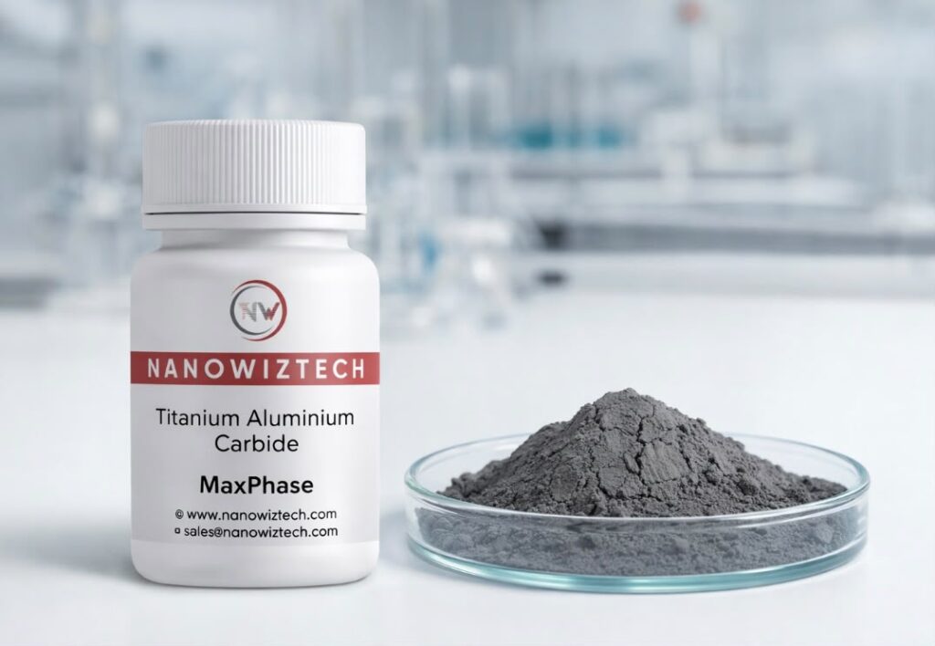 NanowizTech Titanium Aluminum Carbide MAX Phase Ti₃AlC₂ Powder manufacturer and supplier, Formula Ti₃AlC₂, CAS No. 196506-01-1, high-purity powder for MXene synthesis, advanced ceramics, aerospace, electronics, and research applications.